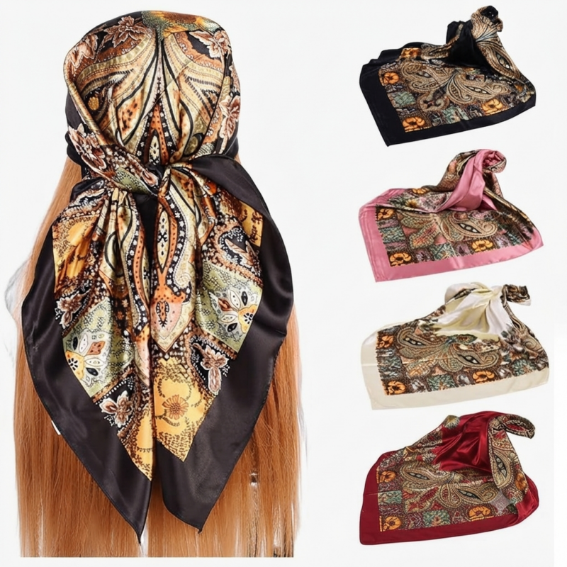 set de 5 pañuelos de seda satinada estampado vintage (90x90 cm)