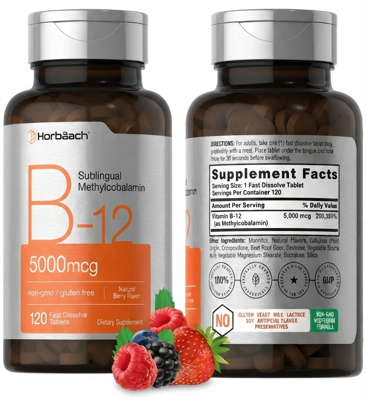 Vitamina B12 Horbaach 5000mcg 120 Tabletas Sublingual Frutilla
