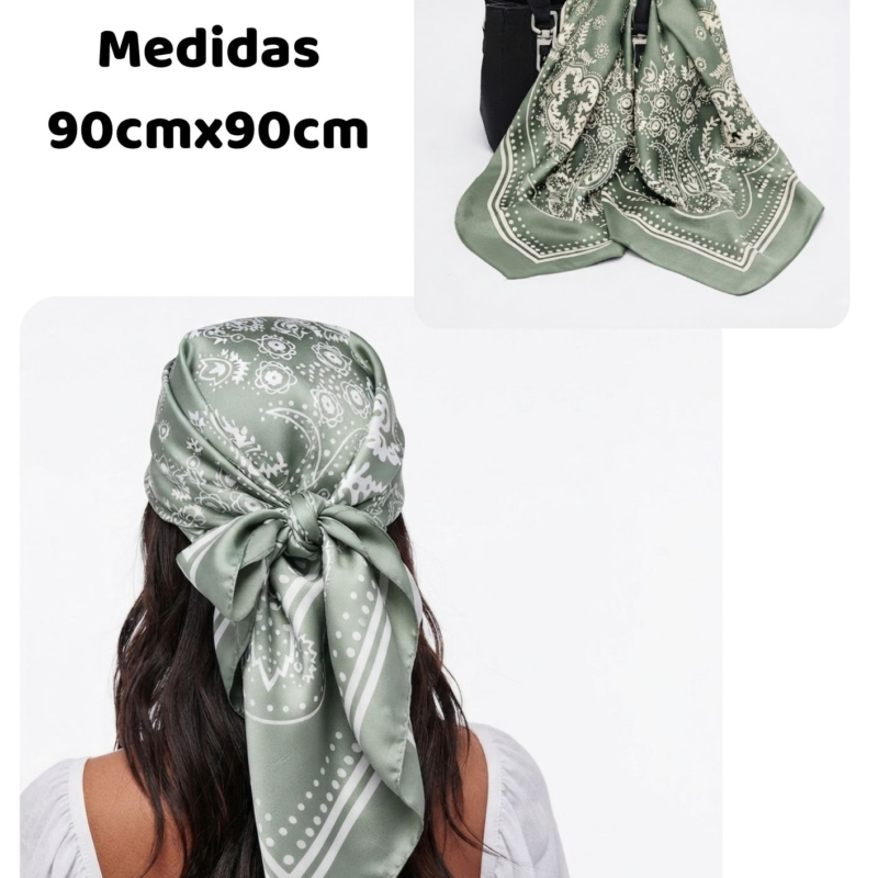 Pañuelo Elegante de Seda Satinada con Estampado Bandana Vede Salvia 90X90