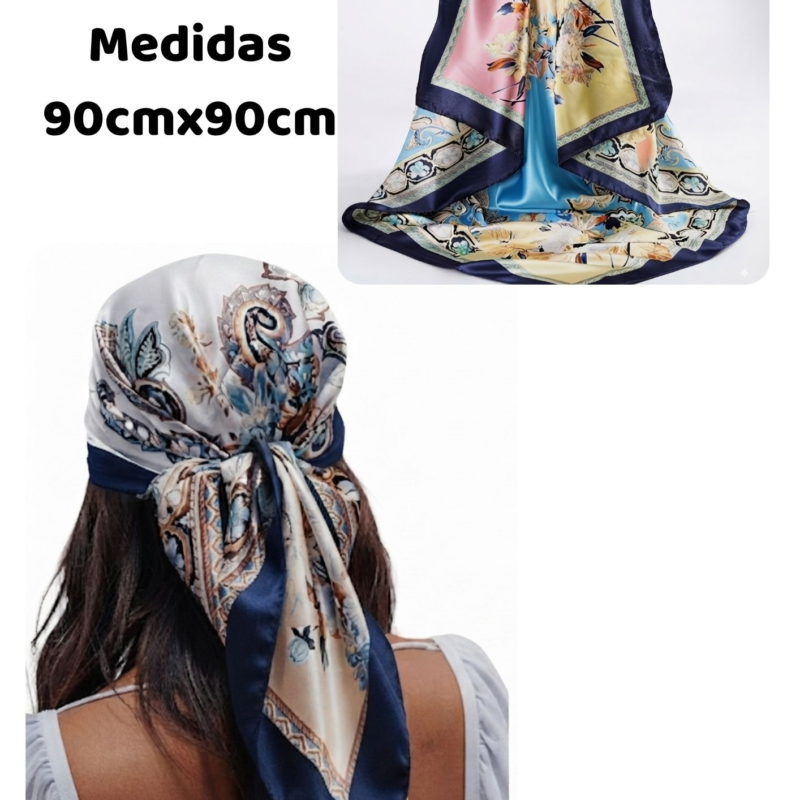 Bandana Elegante Estampado Vintage con Bordes en Azul Marino 90x90cm