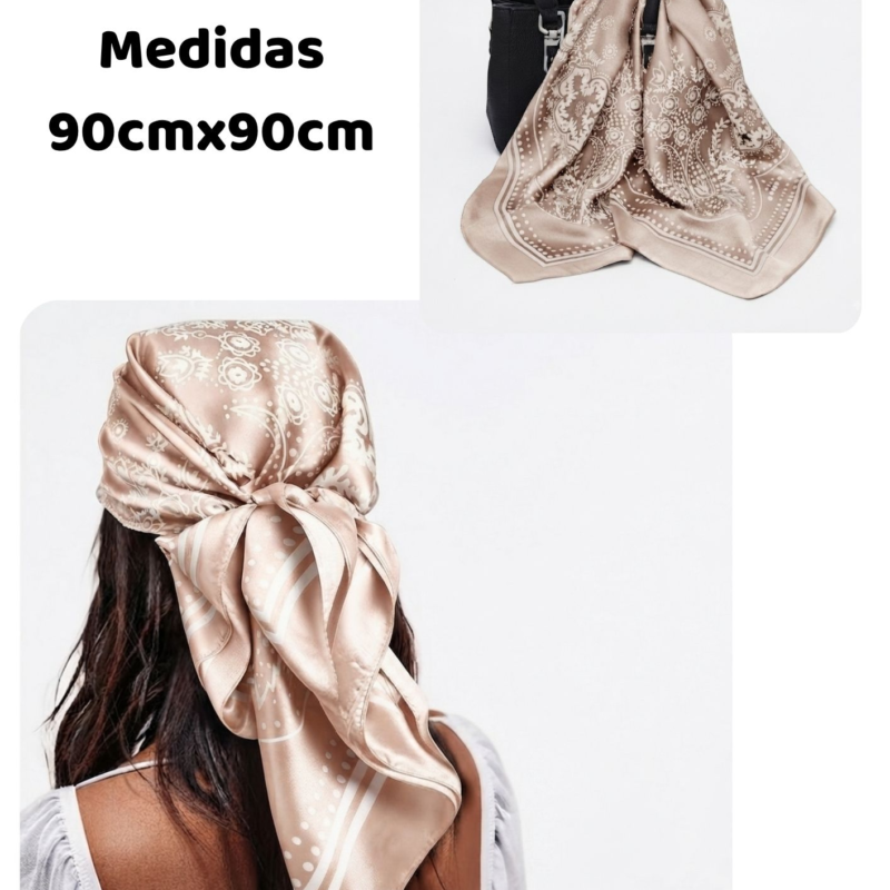 Pañuelo Elegante de Seda Satinada con Estampado Bandana Rose Gold Ligh 90X90