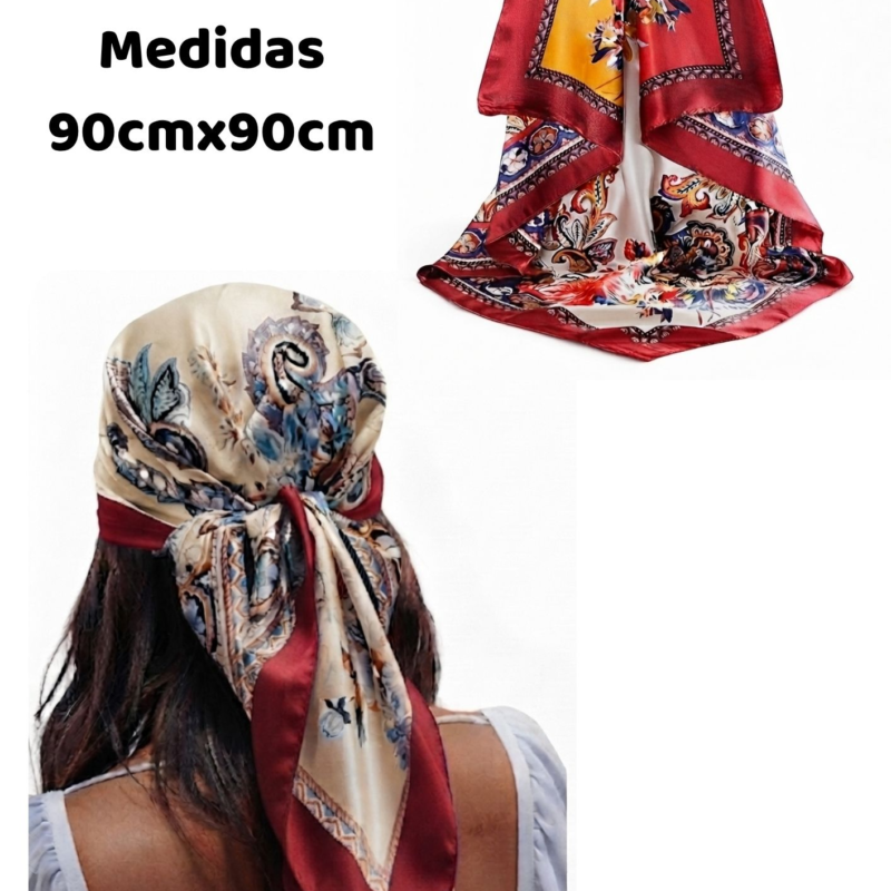 Bandana Elegante Estampado Vintage con Bordes en Rojo 90x90cm