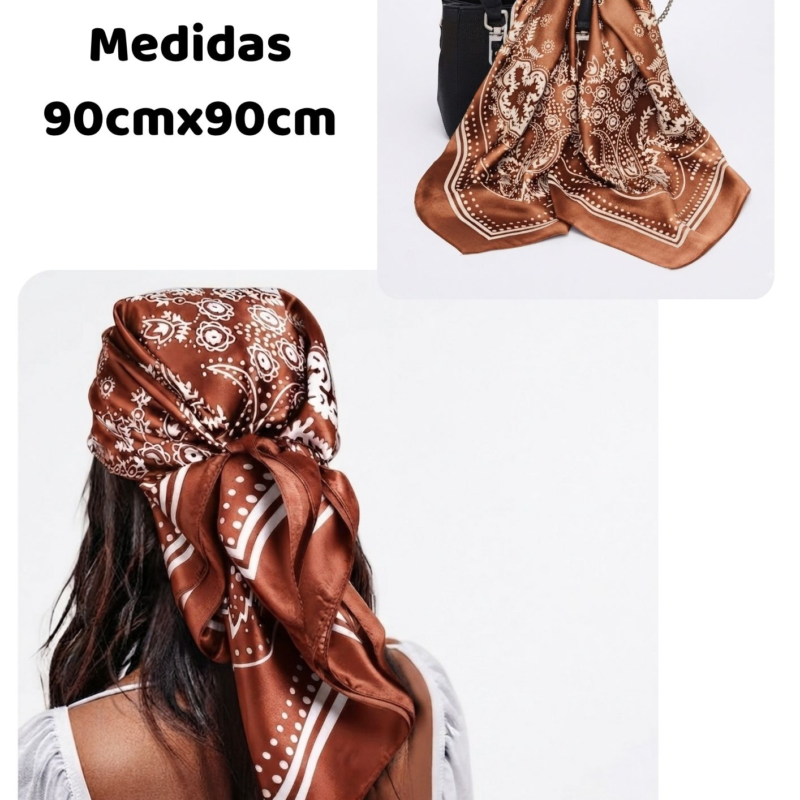 Pañuelo Elegante de Seda Satinada con Estampado Bandana Marron Terrcota 90X90